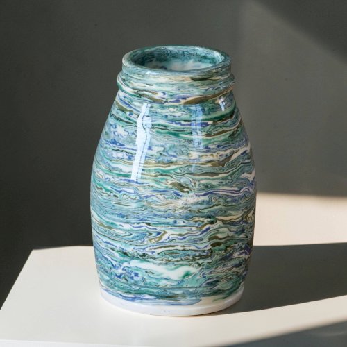 Vase artisanal, pièce unique, terre mêlée turquoise