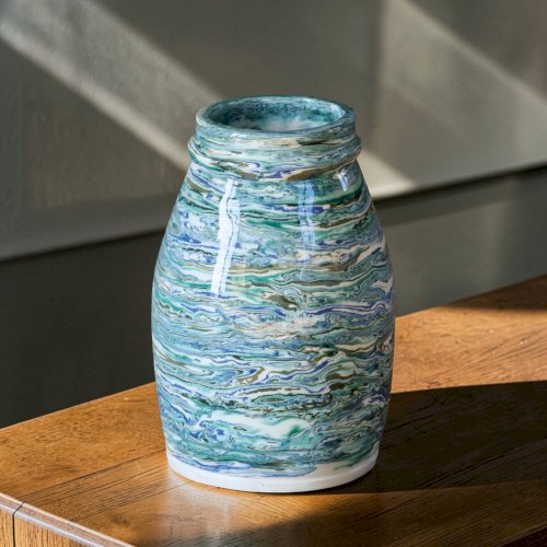 Vase artisanal, pièce unique, terre mêlée turquoise