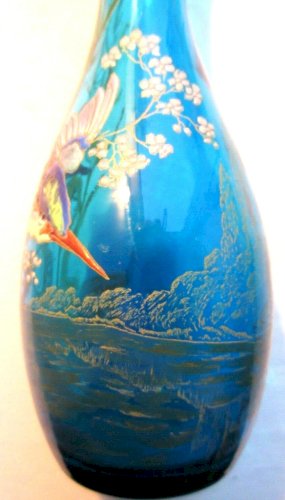 Vase bleu émaillé Legras, Oiseau Martin pêcheur et roseaux, col quadrilobé, TBE