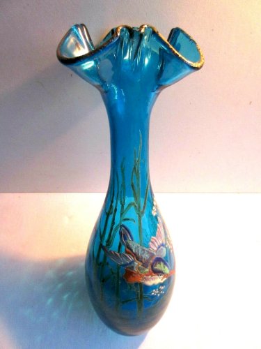 Vase bleu émaillé Legras, Oiseau Martin pêcheur et roseaux, col quadrilobé, TBE