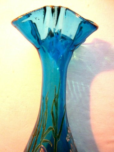 Vase bleu émaillé Legras, Oiseau Martin pêcheur et roseaux, col quadrilobé, TBE