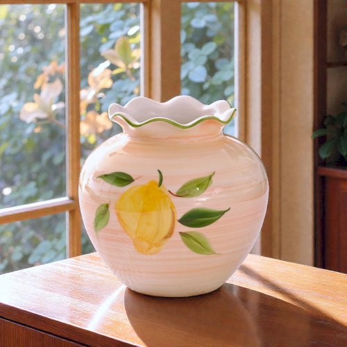 Vase boule vintage artisanal à décor citron