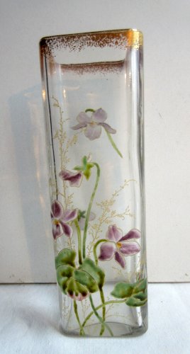 Vase carré en verre incolore émaillé LEGRAS d'un semis de violettes, N° 12