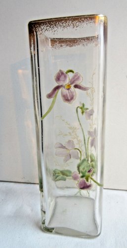 Vase carré en verre incolore émaillé LEGRAS d'un semis de violettes, N° 12