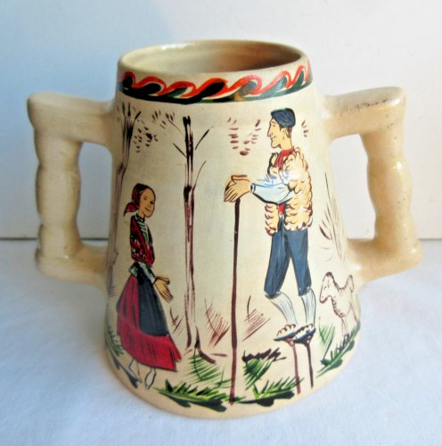 Vase céramique signée NIKA peint à la main, n°0001, DAX: Basque sur échasse