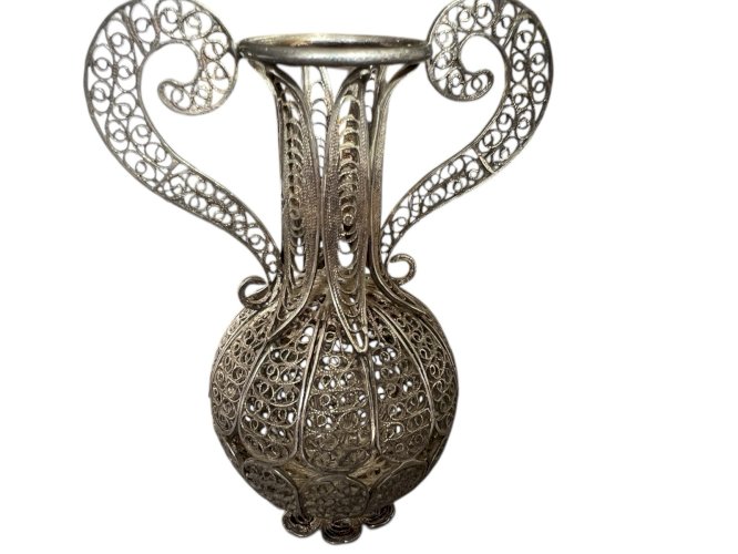 vase chinois ancien Filigrane Argenté  Atelier Suhai-10 Cms Vintage Decoration