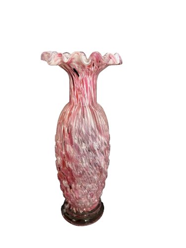 Vase Clichy en verre rose et blanc à collerette verrerie vintage