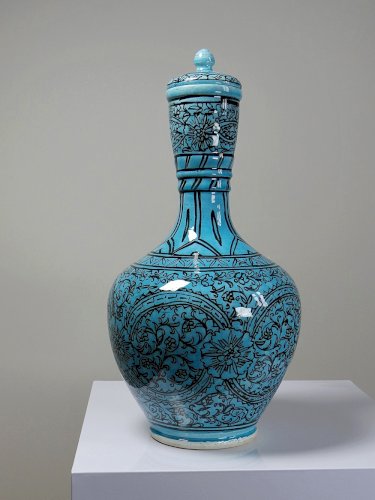 Vase couvert ou jarre Persane poterie glacée Iznik turquoise peinte vintage