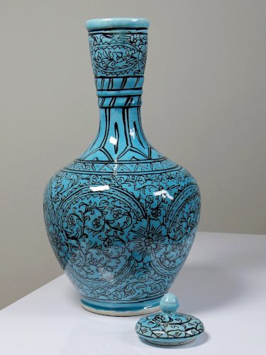 Vase couvert ou jarre Persane poterie glacée Iznik turquoise peinte vintage