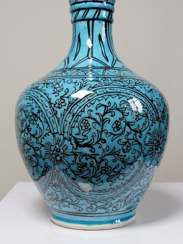 Vase couvert ou jarre Persane poterie glacée Iznik turquoise peinte vintage