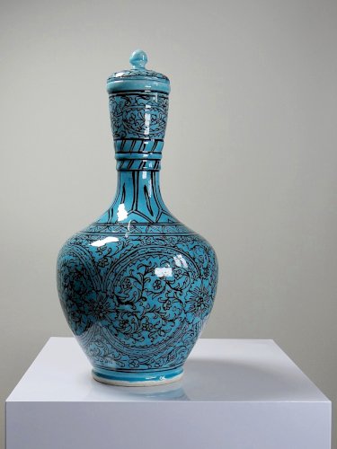 Vase couvert ou jarre Persane poterie glacée Iznik turquoise peinte vintage