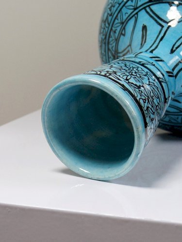 Vase couvert ou jarre Persane poterie glacée Iznik turquoise peinte vintage