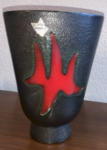 vase en céramique bicolore rouge noir Elchinger 1950's