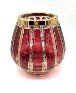 Red cut and gilded Bohemian crystal vase – engraved floral decoration – 20th century