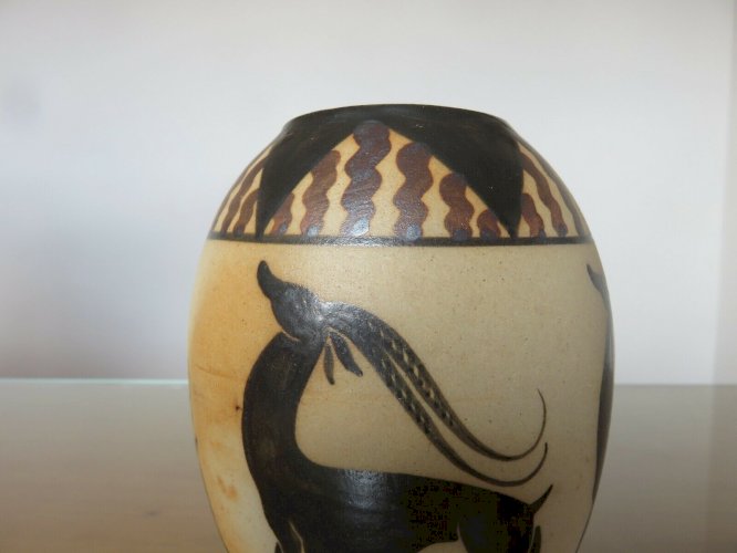 VASE EN GRES EMAILLE DE CIBOURE SIGNE ETIENNE VILOTTE.