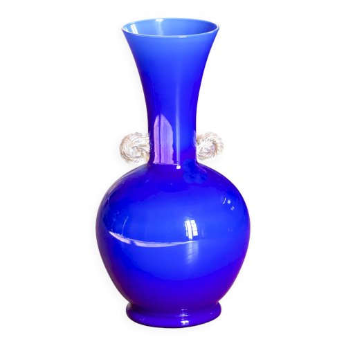 Vase en verre de Murano soufflé bouche bleu