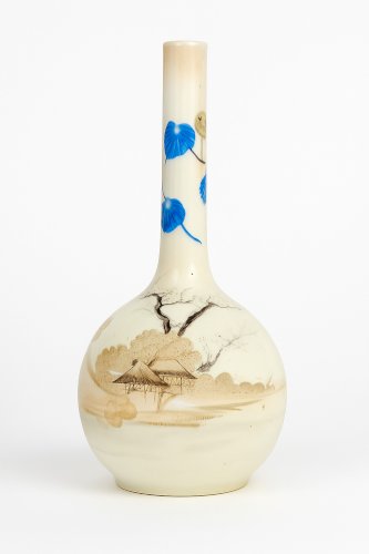 Vase japonisant ancien en porcelaine émaillée – Paysage lacustre – vers 1900
