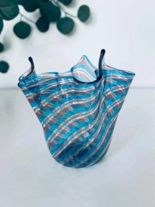 Vase Mouchoir Murano signé Linea Valentina - Bleu & Rose - Aventurine