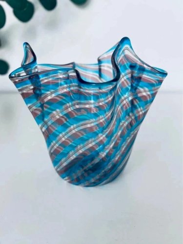 Vase Mouchoir Murano signé Linea Valentina - Bleu & Rose - Aventurine