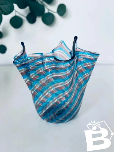Vase Mouchoir Murano signé Linea Valentina - Bleu & Rose - Aventurine