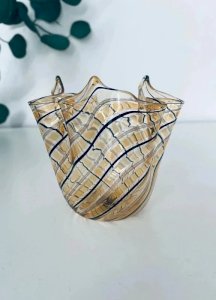 Vintage Amber Murano Glass Tissue Vase - Black Filigree and Gold Aventurine