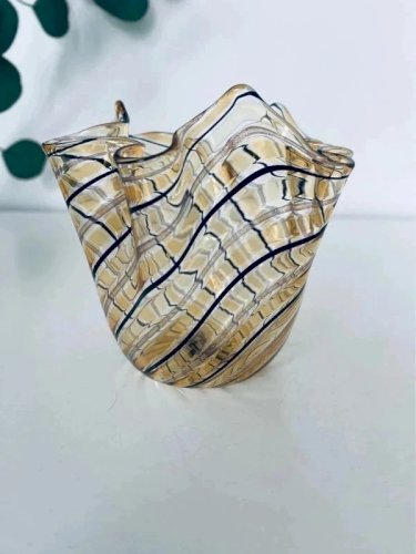 Vase Mouchoir Verre de Murano Vintage Ambré - Filets Noirs et Aventurine Or