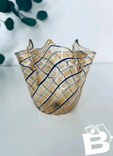 Vase Mouchoir Verre de Murano Vintage Ambré - Filets Noirs et Aventurine Or