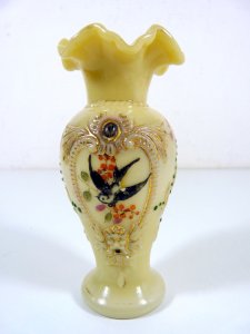 Portieux Vallery Stahl beige opaline vase with bird, mask, and lily decoration.