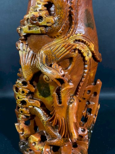 Vase pierre sculptée Qing Chine Long-feng phénix dragon prospérité longue vie