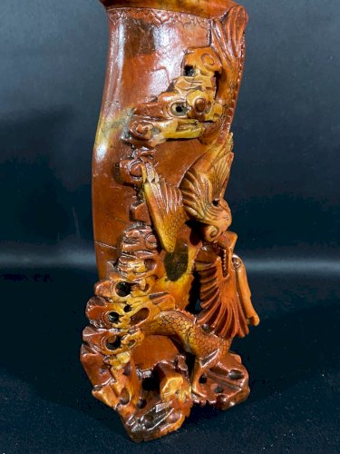 Vase pierre sculptée Qing Chine Long-feng phénix dragon prospérité longue vie