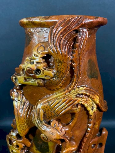 Vase pierre sculptée Qing Chine Long-feng phénix dragon prospérité longue vie