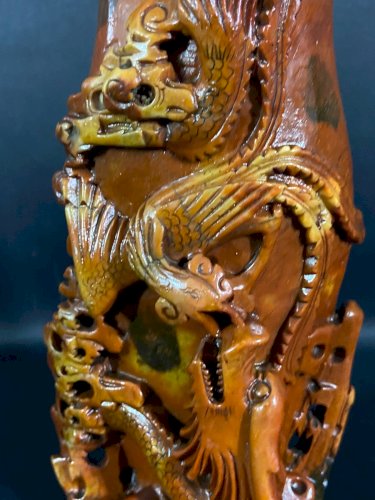 Vase pierre sculptée Qing Chine Long-feng phénix dragon prospérité longue vie