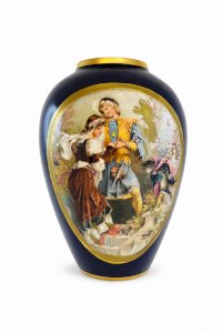 Vase Porcelaine Bleu de Sèvres XIXe – Décor Scène Romantique & Chat – Limoge