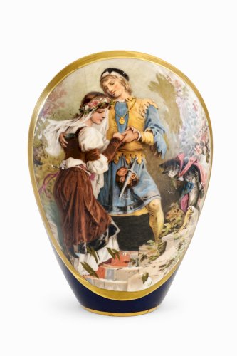 Vase Porcelaine Bleu de Sèvres XIXe – Décor Scène Romantique & Chat – Limoge