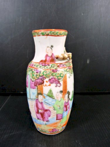 Vase porcelaine Canton Chine Famille Rose décor émaillé SCENE DE PALAIS XIX° 