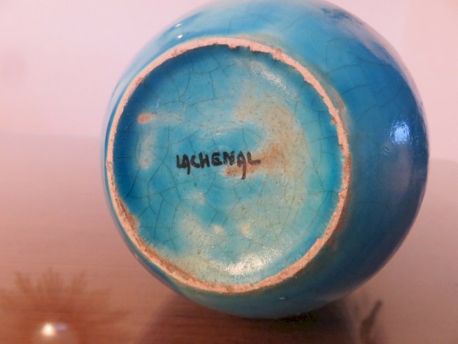 VASE RAOUL LACHENAL EN CERAMIQUE CRAQUELEE BLEUE TURQUOISE SIGNE