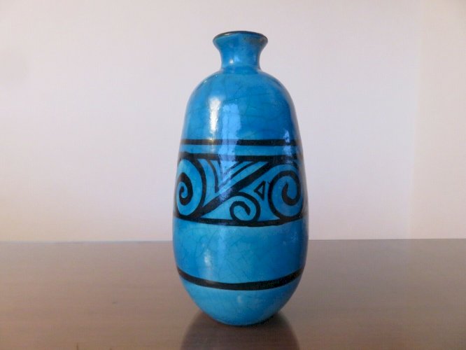 VASE RAOUL LACHENAL EN CERAMIQUE CRAQUELEE BLEUE TURQUOISE SIGNE