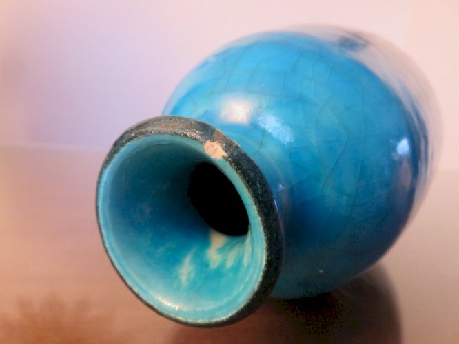 VASE RAOUL LACHENAL EN CERAMIQUE CRAQUELEE BLEUE TURQUOISE SIGNE