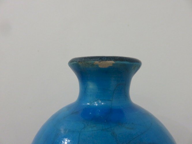VASE RAOUL LACHENAL EN CERAMIQUE CRAQUELEE BLEUE TURQUOISE SIGNE