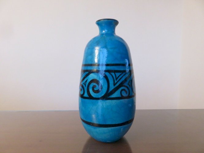 VASE RAOUL LACHENAL EN CERAMIQUE CRAQUELEE BLEUE TURQUOISE SIGNE