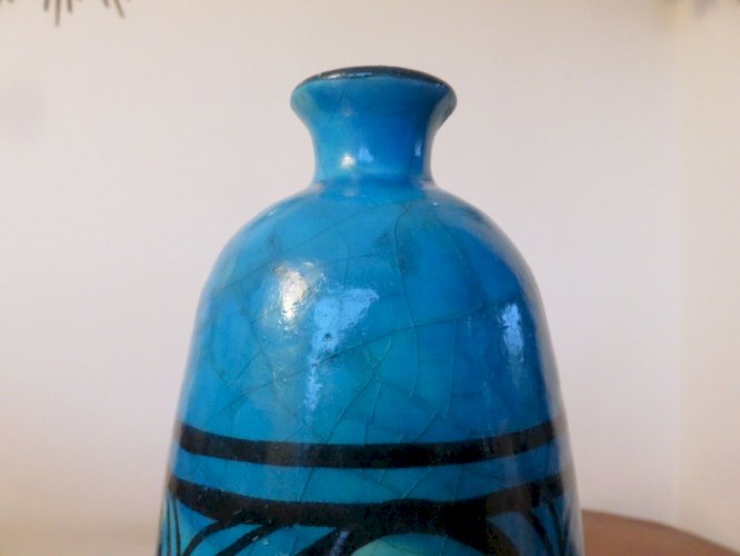 VASE RAOUL LACHENAL EN CERAMIQUE CRAQUELEE BLEUE TURQUOISE SIGNE
