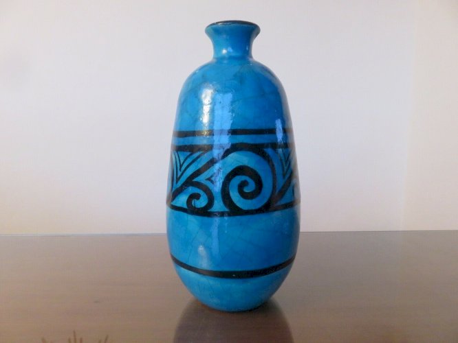 VASE RAOUL LACHENAL EN CERAMIQUE CRAQUELEE BLEUE TURQUOISE SIGNE