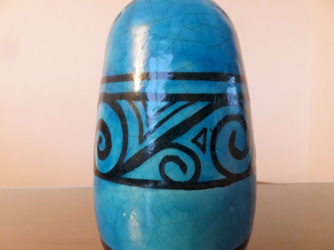 VASE RAOUL LACHENAL EN CERAMIQUE CRAQUELEE BLEUE TURQUOISE SIGNE