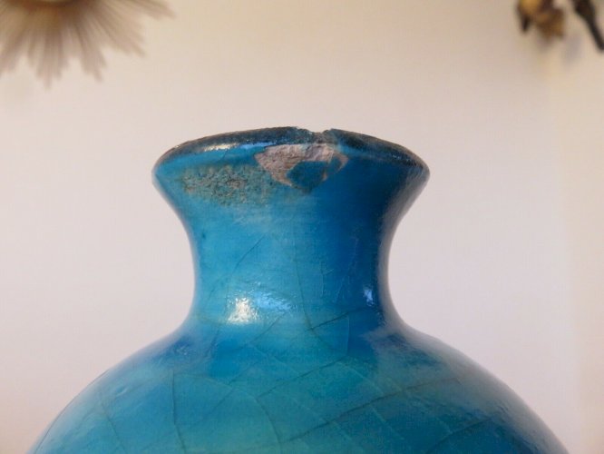 VASE RAOUL LACHENAL EN CERAMIQUE CRAQUELEE BLEUE TURQUOISE SIGNE