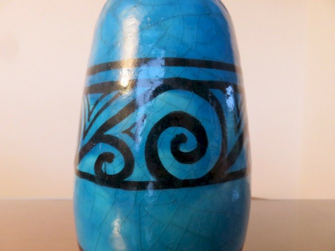 VASE RAOUL LACHENAL EN CERAMIQUE CRAQUELEE BLEUE TURQUOISE SIGNE