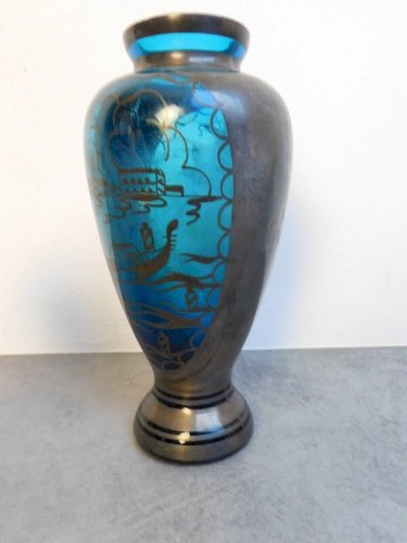 VASE SAINT GRAAL EN VERRE BLEU DEOCR D'ARGENT N°1