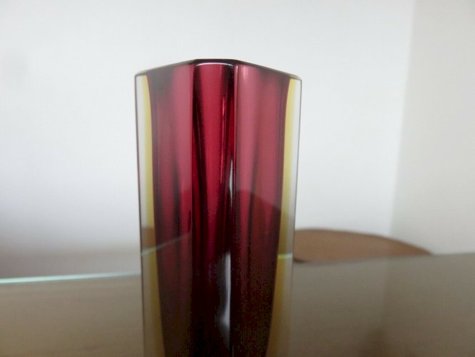 VASE SOMMERSO MURANO DESIGN DE LUIGI MANDRUZZATO VIOLINE JAUNE ET TRANSPARENT 
