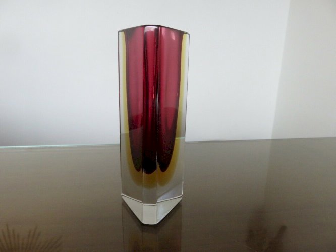 VASE SOMMERSO MURANO DESIGN DE LUIGI MANDRUZZATO VIOLINE JAUNE ET TRANSPARENT 