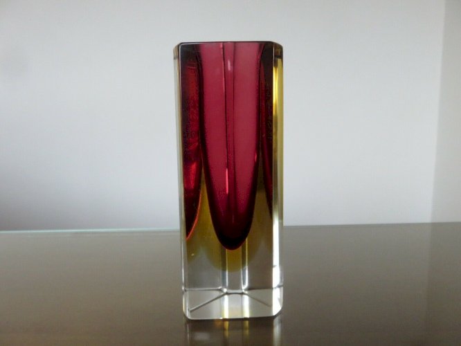 VASE SOMMERSO MURANO DESIGN DE LUIGI MANDRUZZATO VIOLINE JAUNE ET TRANSPARENT 