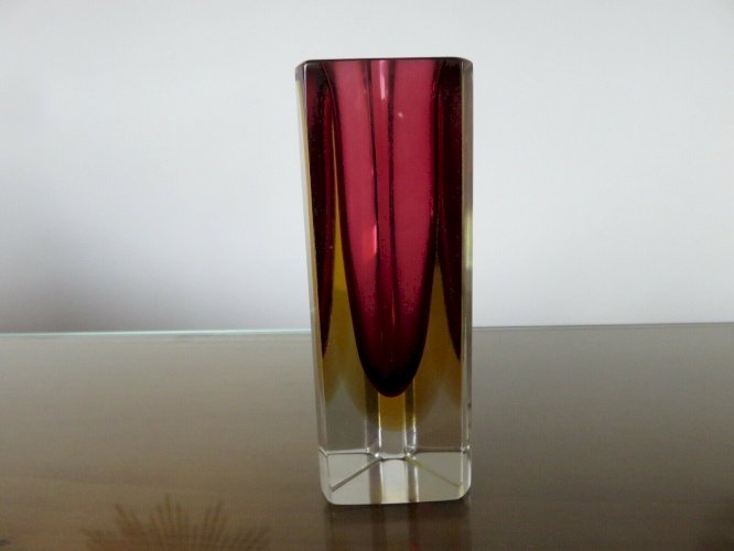 VASE SOMMERSO MURANO DESIGN DE LUIGI MANDRUZZATO VIOLINE JAUNE ET TRANSPARENT 